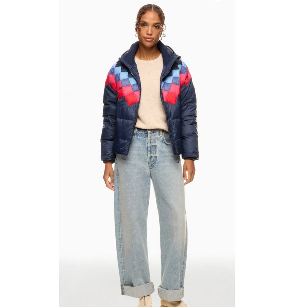 MARINE LAYER Blue Red Abstract Print 100% Recycled Nylon Puffer Jacket sz Medium